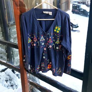 Michael‎ Simon Blue Beaded Christmas Cardigan Sweater SIZE Large Tree Sequins
